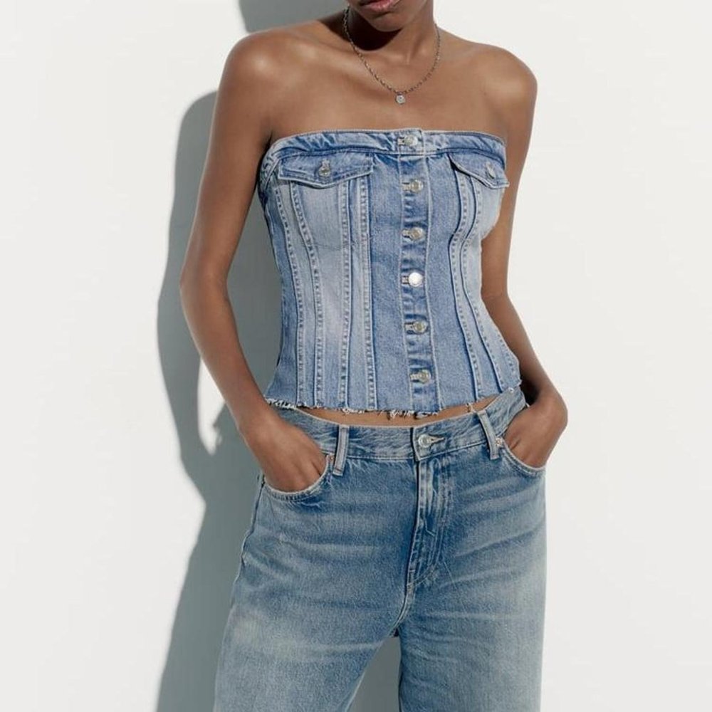 Zara Denim Strapless Corset button up top sz S